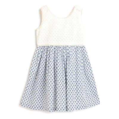 Girls White and Blue Printed Sleeveless Dress